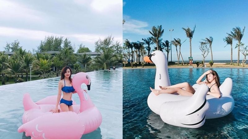 Resort cách tạo dáng chụp ảnh ở bể bơi với phao